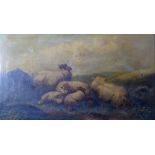 J.W. Morris, oil on canvas, landscape with sheep, 65 x 115 cm.