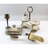 Silver inkstand with cut glass inkwell and silver cover London 1918 17cm high, silver covered