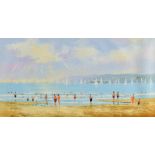 Ken Hammond (20th century English School), beach scene with bathers and yachts in the distance,