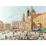 Italian School, 20th century, scene in an Italian square with figures, indistinctly signed, oil on