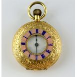 Lady's pink enamel and gold pocket watch, hour markers, in blue, the reverse with engraved foliate
