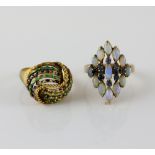 Two vintage rings, opal and sapphire dress ring, ten round cut sapphires set in diamond shape with