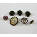 Group of silver and costume jewellery, early 19th C foiled back pink paste brooch, three green