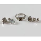 Diamond ring earrings and pendant set, in 9 ct white gold square setting, and an aquamarine and