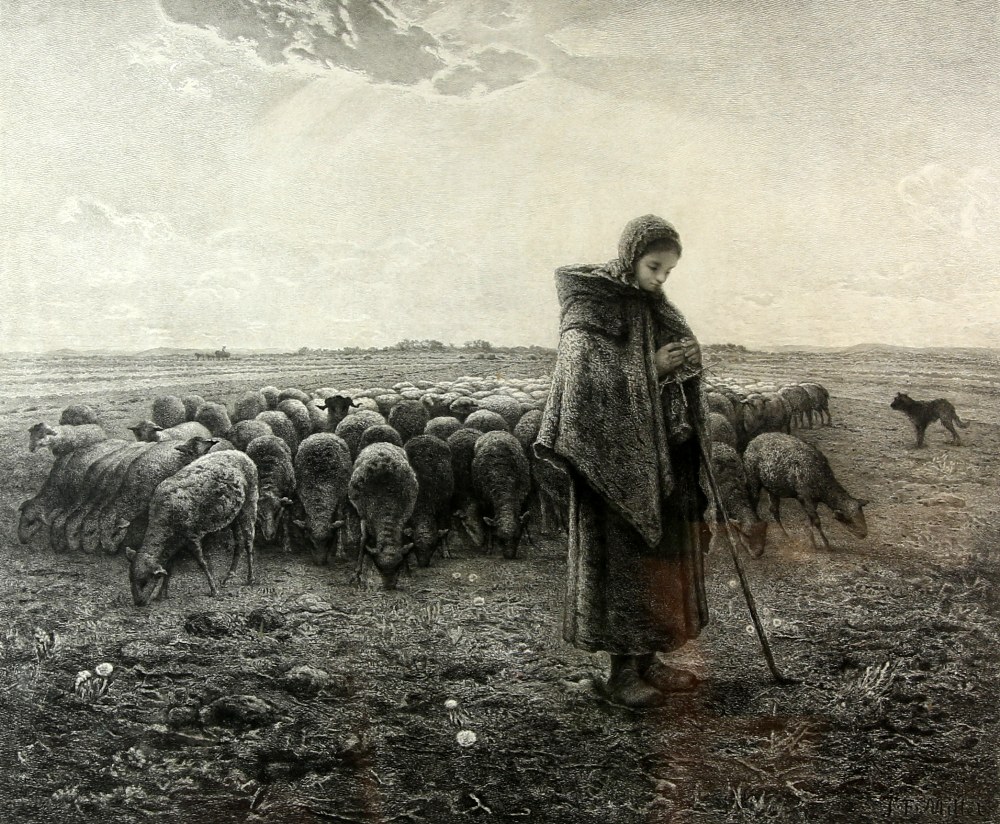Benjamin Damman etching after Jean-Francois Millet, La Petite Bergere, a shepherdess and her