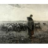 Benjamin Damman etching after Jean-Francois Millet, La Petite Bergere, a shepherdess and her