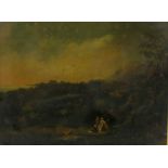 18th/19th century oil on canvas, figures in a landscape, 32cm x44cm.