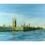 John E R Vaughan, painting The Houses of Parliament Westminster, oil on canvas, signed with