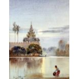 Burmese School, 20th century, collecting water by moonlight with pagoda, signed and dated '48,