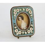 19th Century mille fleur picture frame, inset with a portrait of a lady 8 x 6 cm .