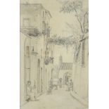Figures in a street, pencil, dated 1835, named plaque to the frame, Martinus Rorbye 34cm x 21cm.