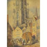 19th century Continental school, street scene with cathedral, watercolour, 47cm x 34cm.