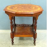 Early 20th century walnut and marquetry inlaid, octagonal table, with undertier, 73cm x 74cm