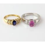 Two sapphires rings, oval cut pink sapphire, estimated weight 1.00 carat, with four princess cut