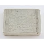George I silver rectangular snuff box with hinged cover, rounded corners, engraved decoration and
