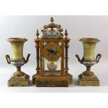 19th century French champlevé enamel and onyx clock garniture, two train movement striking on a