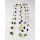 Long necklace with large cabochon stones, amethyst, rutilated quartz, citrine, blue topaz, rose