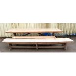 Early 20th century oak refectory type dining table top 324cm x 87cm and two matching benches 320cm