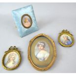 Four portrait miniatures on ivory, two in matching gilt frames measuring 6.5 cm wide, (4) PLEASE