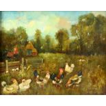 Franz Frahm-Hessler (German, 1898-1990), chickens in a farmyard, signed, oil on board, label verso