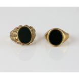 Two vintage blood stone signet rings, oval cut blood stone, mounted in 9 ct yellow gold,
