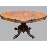 19th century serpentine marquetry inlaid centre table on column support to carved scroll legs, 70