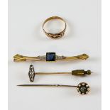 Group of jewellery, two gold pins one set with rose cut diamonds, another with cats eye