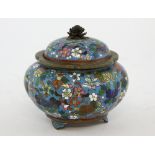 Cloisonné bowl and cover, blue ground decorated with flowers 9 cm high .