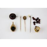 A mixed group of items, enamel and pearl scarf ring mounted in yellow metal testing as 18 ct,