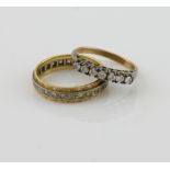 Two paste set rings, full eternity ring, in 18 ct yellow and white gold, size S and a seven stone