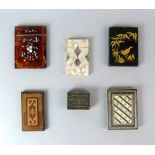 19th Century Tortoiseshell and mother of pearl inlaid card case, 10 x 8cm, and five other card cases