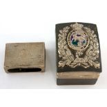 White metal mounted and oak trinket box with wreath and enamelled decoration with inscription