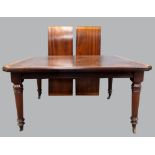 19th century mahogany and satinwood cross banded dining table on turned reeded legs, 142cm x 120cm