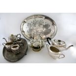 Two silver plated trays, 19th three piece tea service and other items.