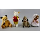 A Steiff Rupert Bear (662782), Sooty (663932), Sweep (664441) and Mrs Tiggy-Winkle (690259). (4)