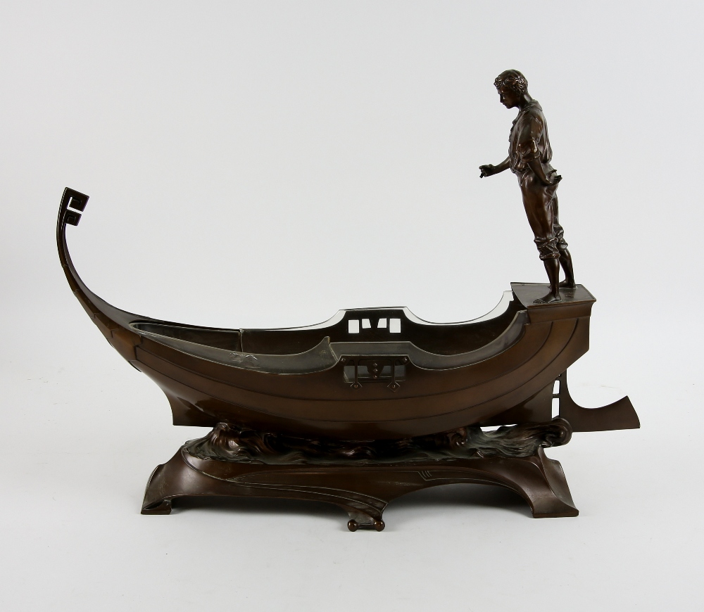 WMF, a large centrepiece in the form of a gondola with gondolier, bronze finish, stamped marks to - Image 2 of 7