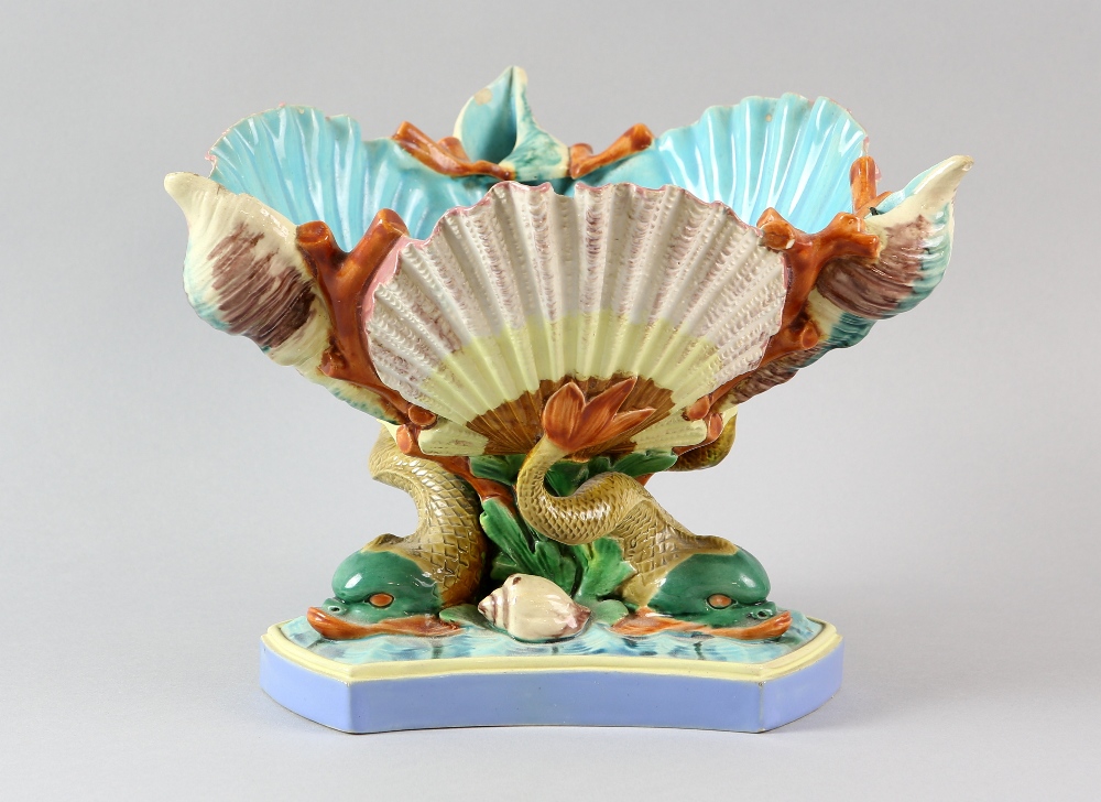 Royal Worcester majolica centrepiece bowl, modelled as shells supported by dolphins, circa 1860,