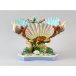 Royal Worcester majolica centrepiece bowl, modelled as shells supported by dolphins, circa 1860,