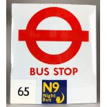 A double-sided enamelled bus stop flag sign displaying route numbers 65 and N1, marked ‘Burnham -