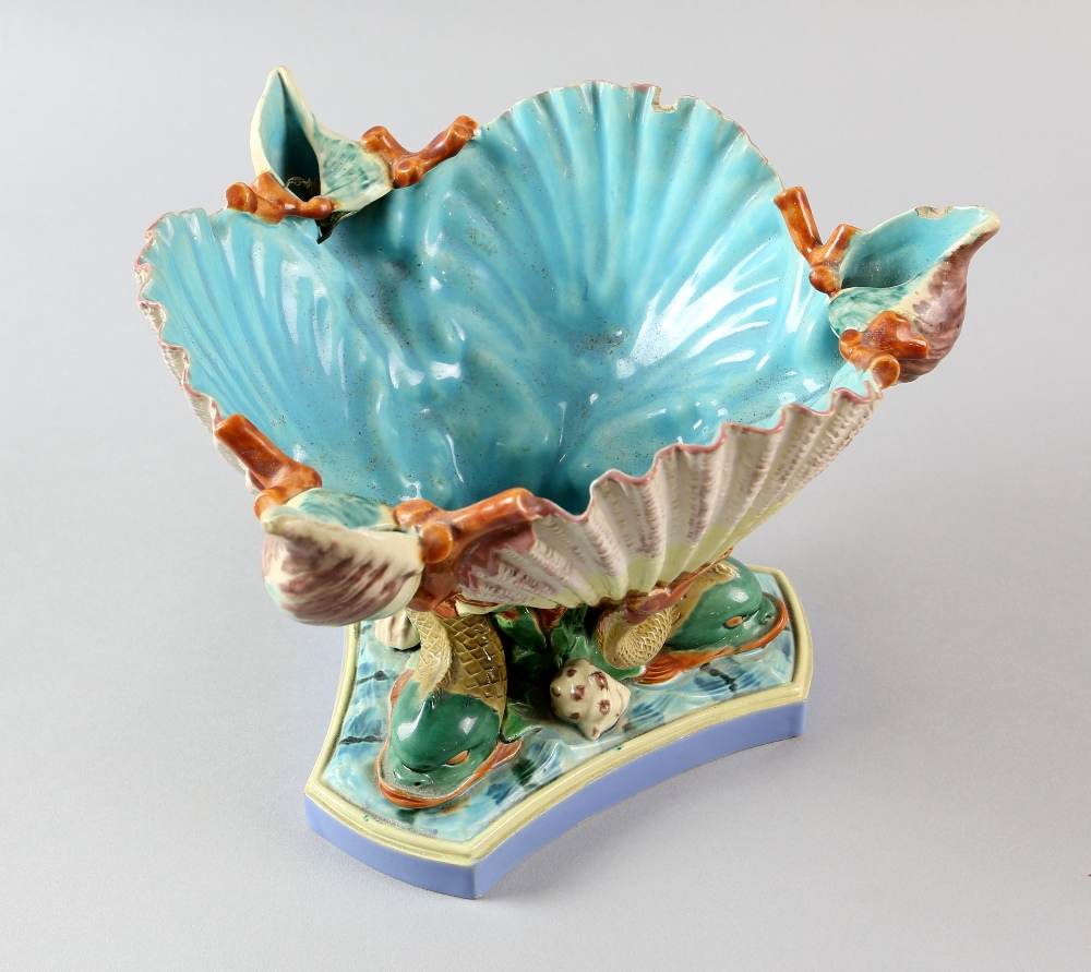 Royal Worcester majolica centrepiece bowl, modelled as shells supported by dolphins, circa 1860, - Image 3 of 8