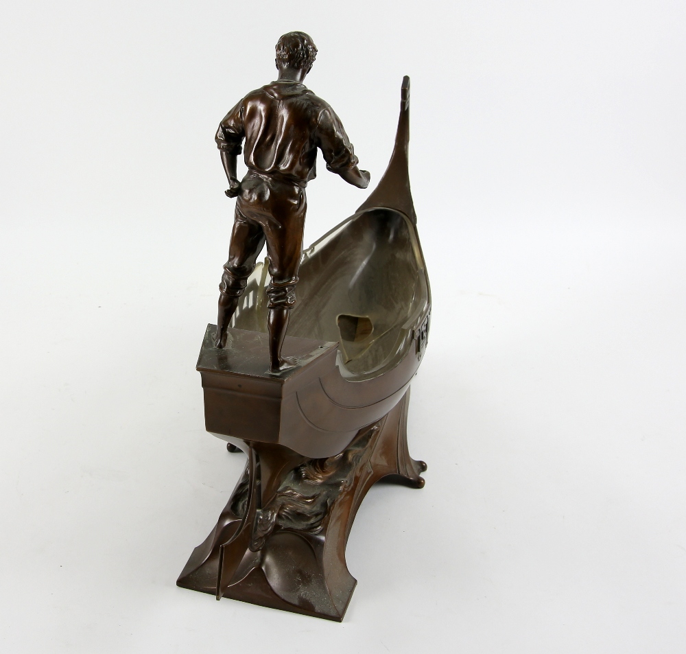 WMF, a large centrepiece in the form of a gondola with gondolier, bronze finish, stamped marks to - Image 6 of 7