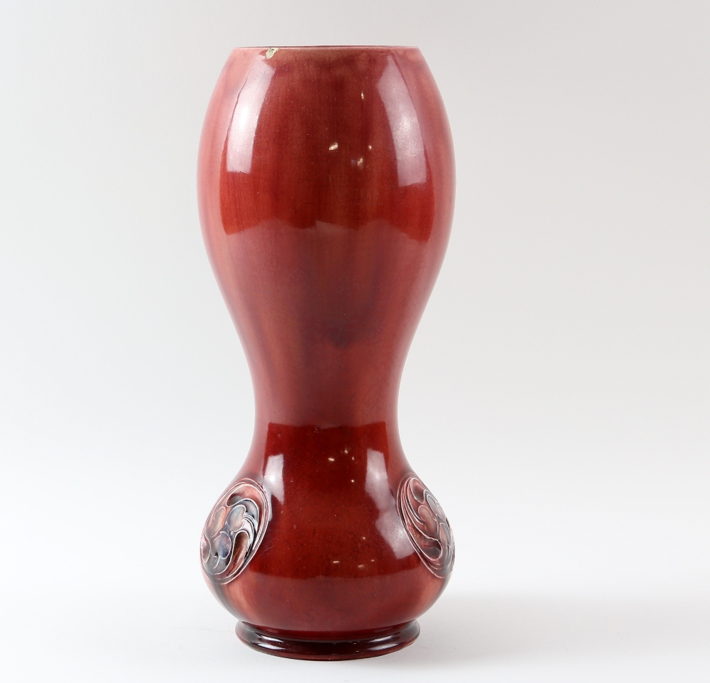 Moorcroft early 20th century flaminian ware double gourd vase in red glaze with leaf roundel - Image 2 of 6