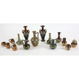 Group of Doulton Lambeth small and miniature items, a pair of twin handled vases, similar pair of