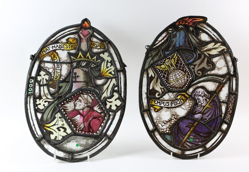 Two painted leaded glass panels, one depicting a monk, and the words 'It is not the cowl that