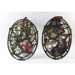 Two painted leaded glass panels, one depicting a monk, and the words 'It is not the cowl that