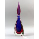 Flavio Poli, a Sommerso Italian glass bottle with stopper, blue and pink overlaid with clear