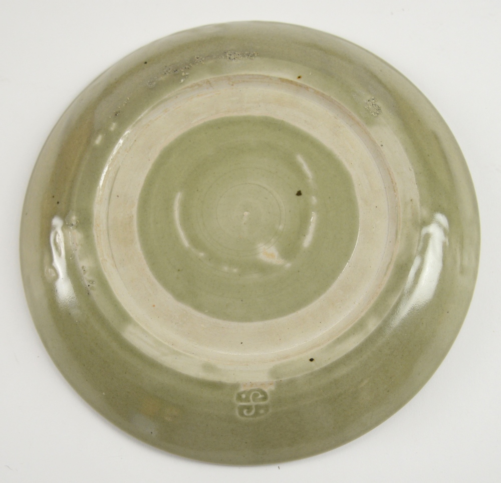 Leach Pottery, St Ives, Two celadon glazed plates incised with oak leaves, similarly decorated - Image 2 of 2
