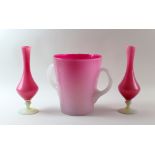 Italian glass, pink glass two handled wine cooler, with applied handles, 25cm high and a pair pink