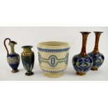A group of Doulton Lambeth including a pair of vases with tube lined decoration, 26cm, similar