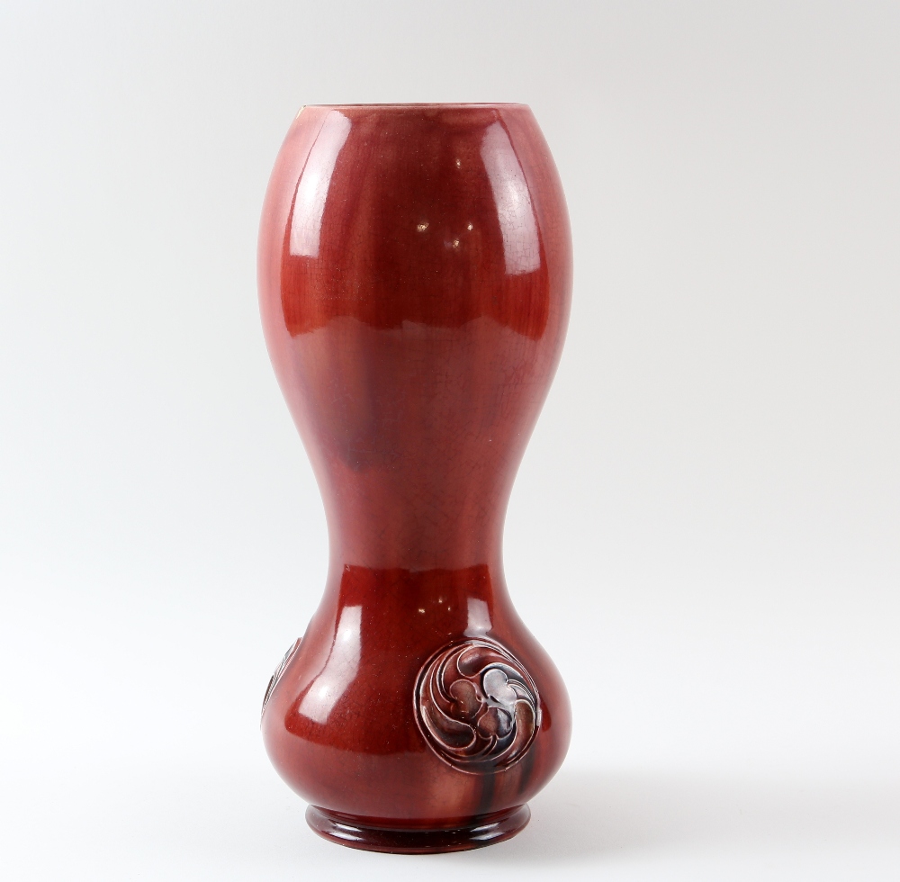 Moorcroft early 20th century flaminian ware double gourd vase in red glaze with leaf roundel